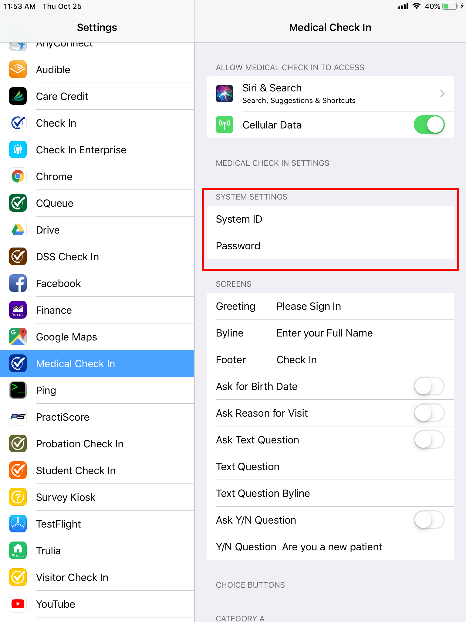 System settings for medical check in app