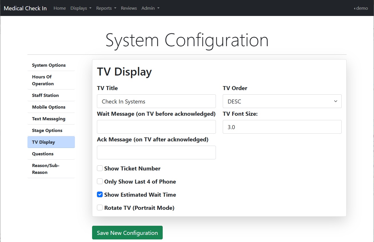 Medical Check In TV display settings
